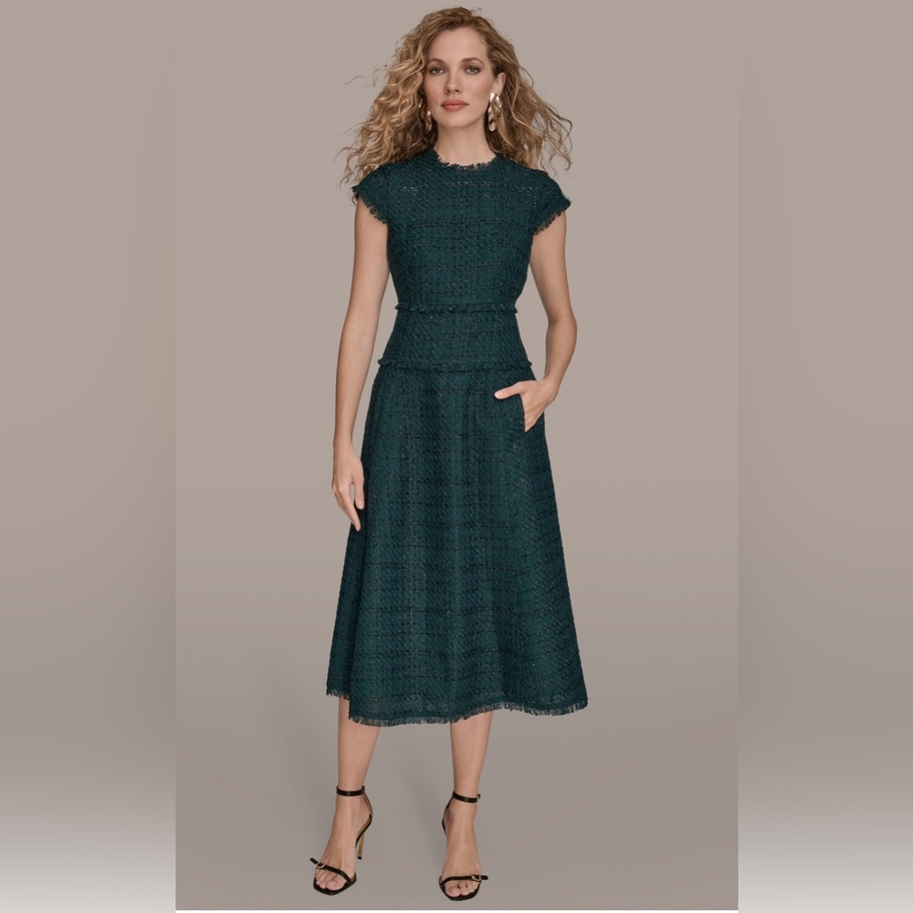 New Donna Karan Women's Tweed Cap Sleeve A-Line Midi Dress. Size 8. Hudson